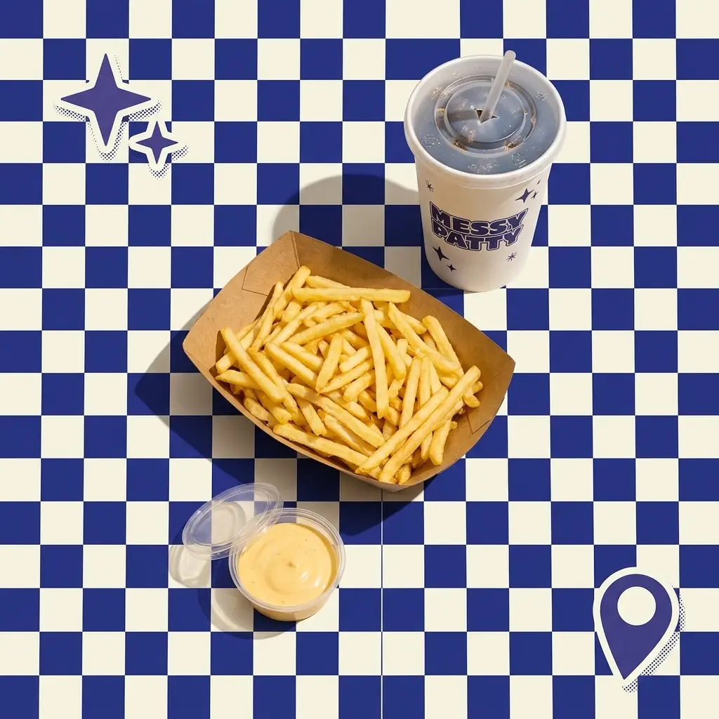 Shoestring fries in a kraft boat with a cheese dip and a Messy Patty drink on a navy checkered table