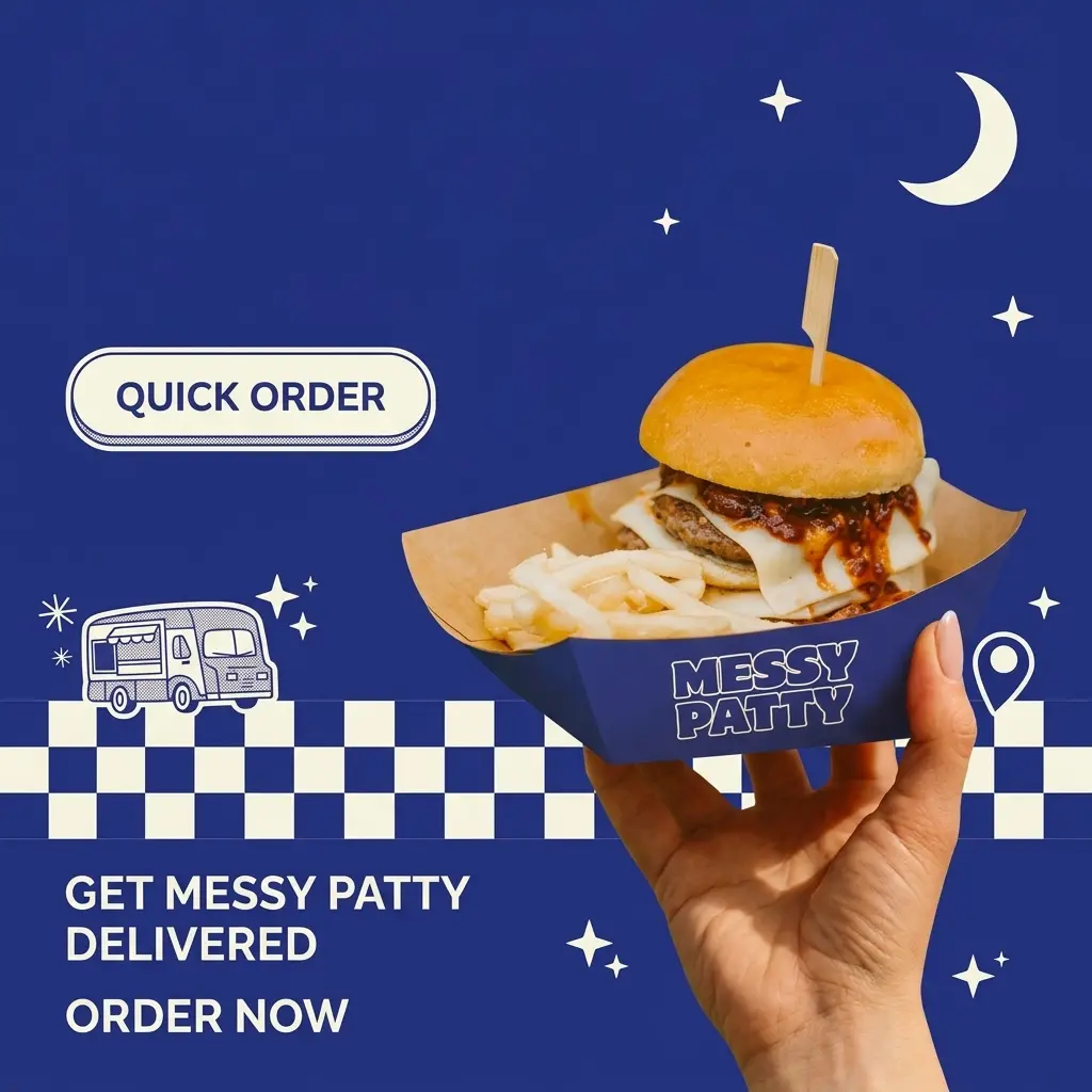 A burger and fries in a Messy Patty paper boat held up against a starry navy night sky