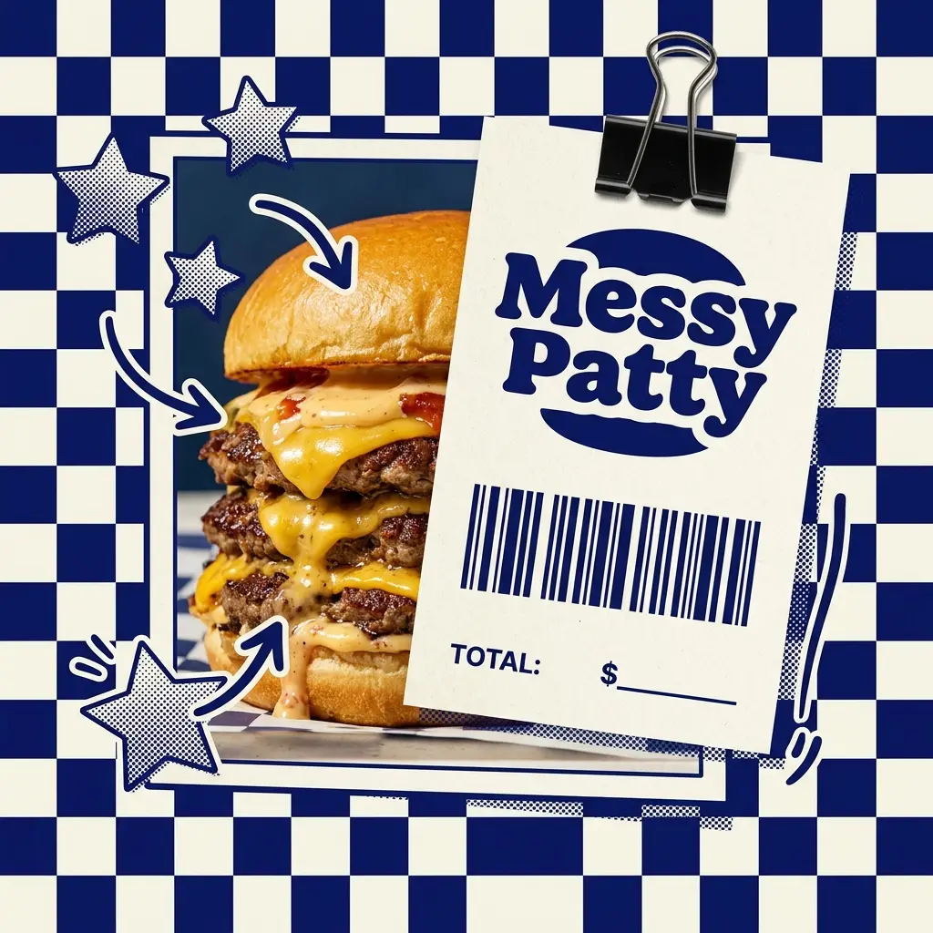 A towering triple beef burger with melted cheese, next to a Messy Patty ticket held by a binder clip